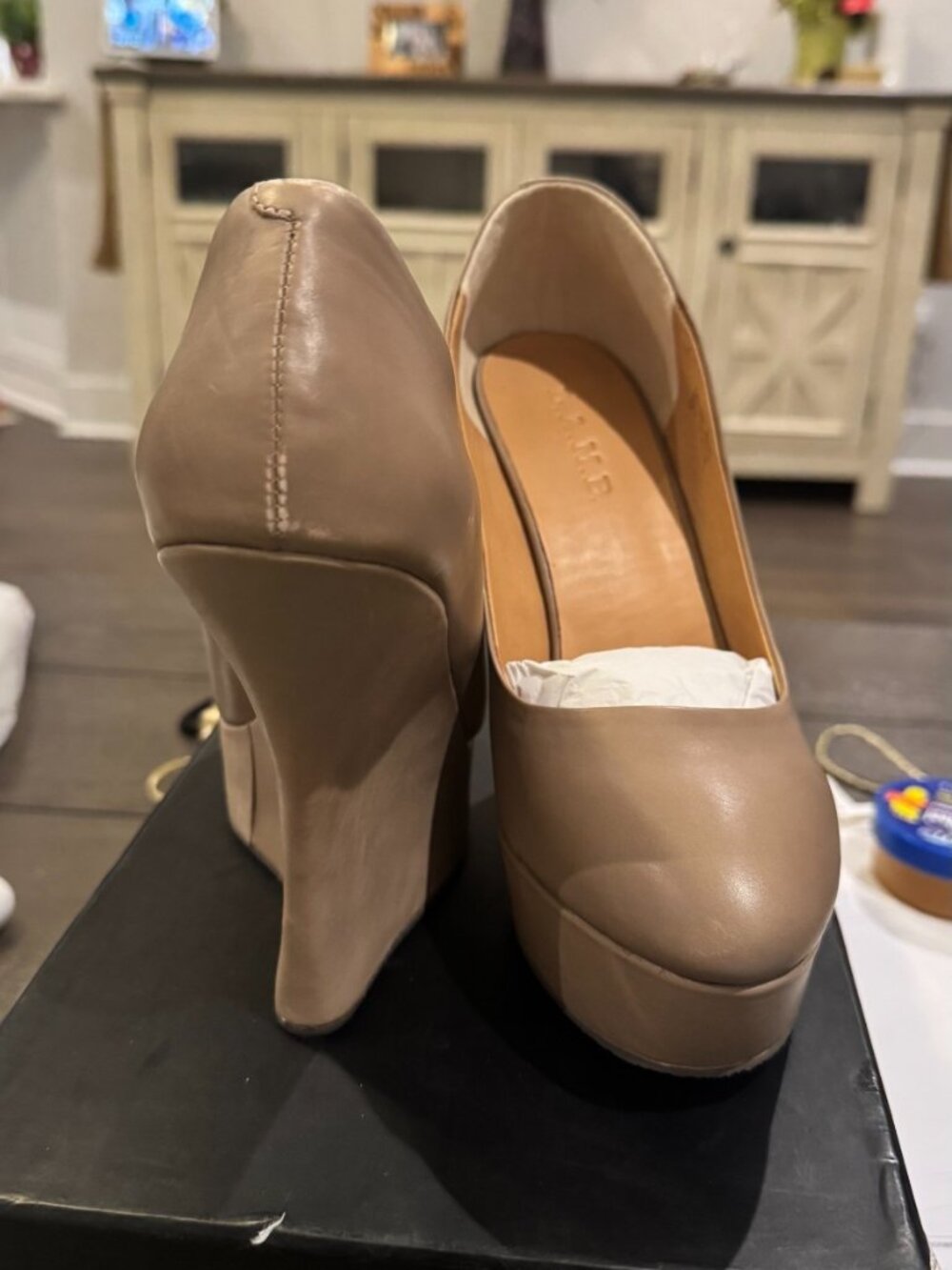 Gwen Stefani L.A.M.B. Novice Beige Platform Wedge Sandal Heels